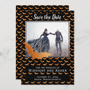 Zwarte en Oranje Folie Bat Halloween Wedding Save The Date