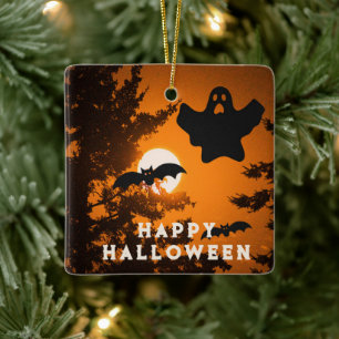 Zwarte en oranje griezelige Halloween-nachtscène Keramisch Ornament