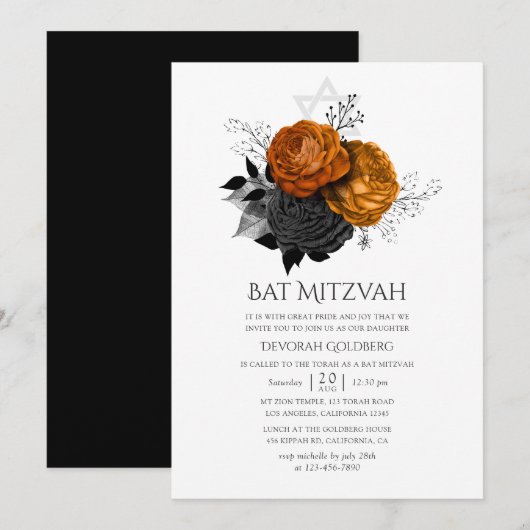 Zwarte en Oranje Halloween Floral Bat Mitzvah Kaart (Voorkant / Achterkant)