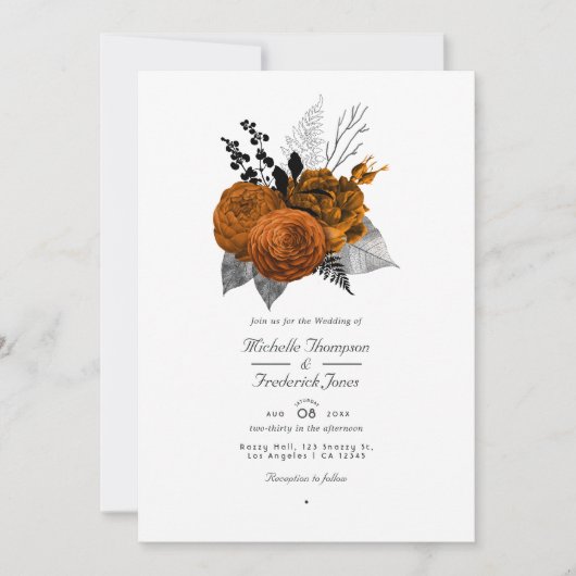 Zwarte en Oranje Halloween Floral QR Code Weddensc Kaart (Voorkant)