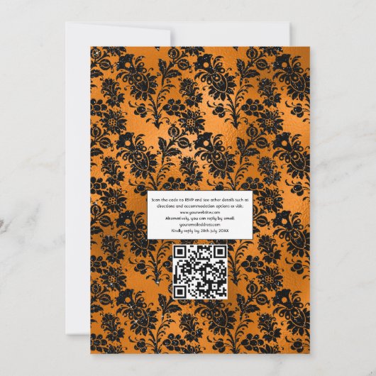Zwarte en Oranje Halloween Floral QR Code Weddensc Kaart (Achterkant)
