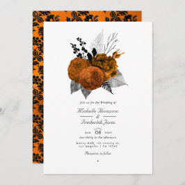 Zwarte en Oranje Halloween Floral QR Code Weddensc Kaart