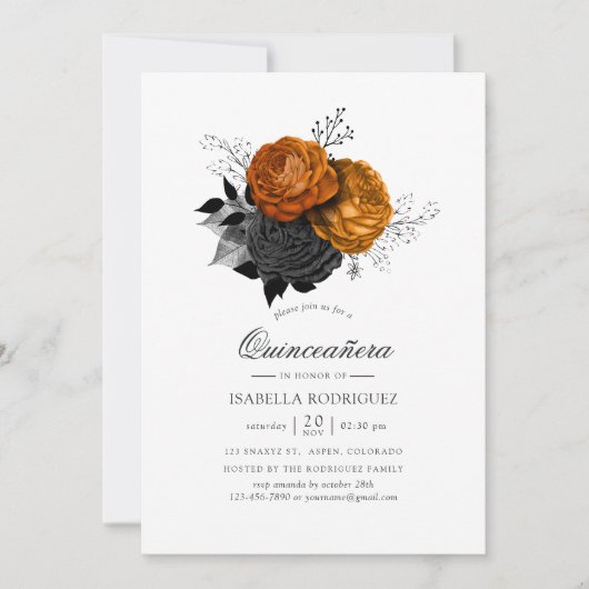 Zwarte en Oranje Halloween Floral Quinceañera Kaart (Voorkant)