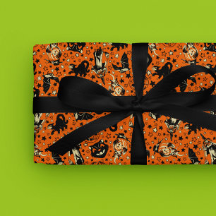 Zwarte en oranje Halloween in vintage stijl Cadeaupapier
