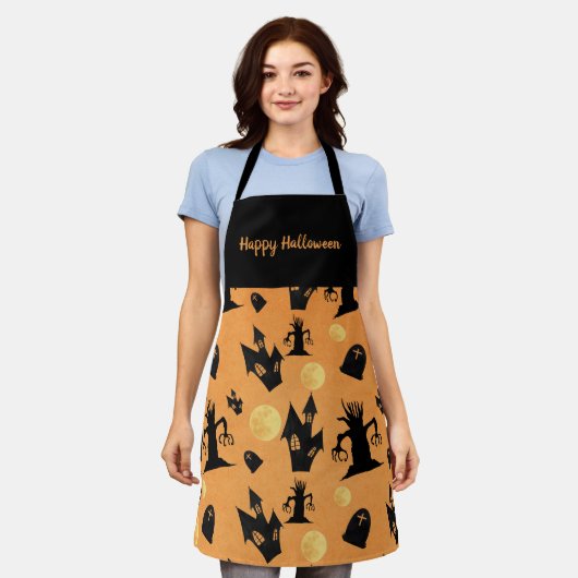 Zwarte en Oranje Halloween Spooky Trees Huizen Schort (Gedragen)