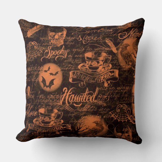 Zwarte en Oranje haunted Halloween Kussen (Voorkant)