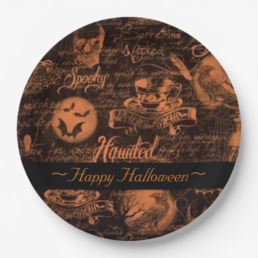 Zwarte en Oranje haunted Halloween Papieren Bordje (Voorkant)