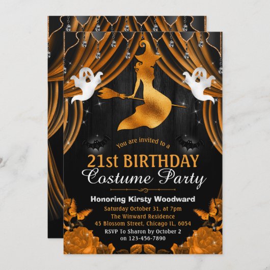 Zwarte en Oranje heks en gordijn 21e verjaardag Kaart (Voorkant / Achterkant)