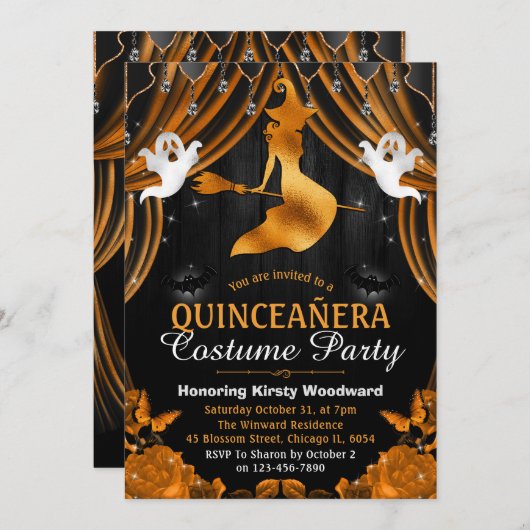 Zwarte en Oranje heks en Shimmer Curtain Quinceañe Kaart (Voorkant / Achterkant)