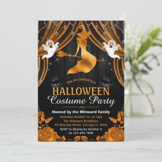 Zwarte en Oranje heks en Shimmer Curtains Hallowee Kaart (Staand voorkant)