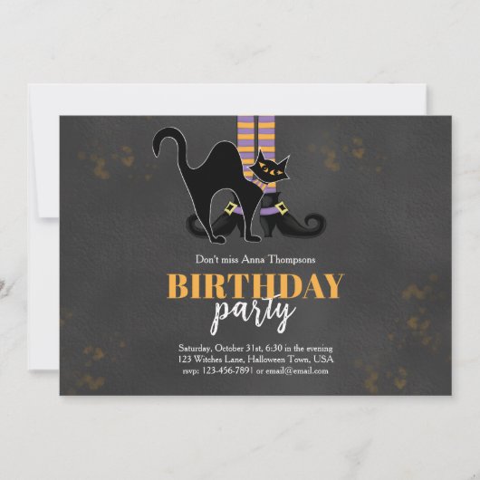 Zwarte en oranje heks Zwart kat verjaardagsfeestje Kaart (Voorkant)