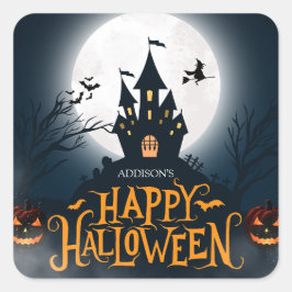 Zwarte en Oranje illustratieve Happy Halloween Vierkante Sticker