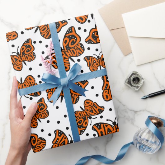 Zwarte en Oranje Monarch Boterfly Happy Birthday Cadeaupapier (Geschenken)