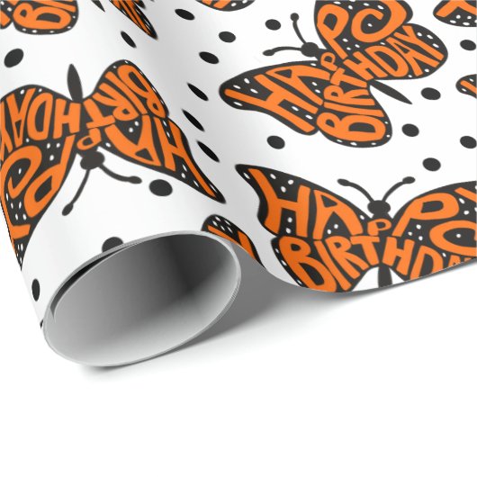 Zwarte en Oranje Monarch Boterfly Happy Birthday Cadeaupapier (Rol Hoek)