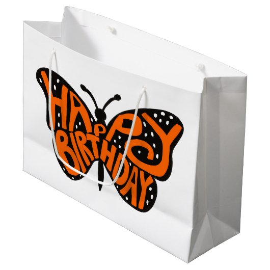 Zwarte en Oranje Monarch Boterfly Happy Birthday Groot Cadeauzakje (Voorkant Gekanteld)