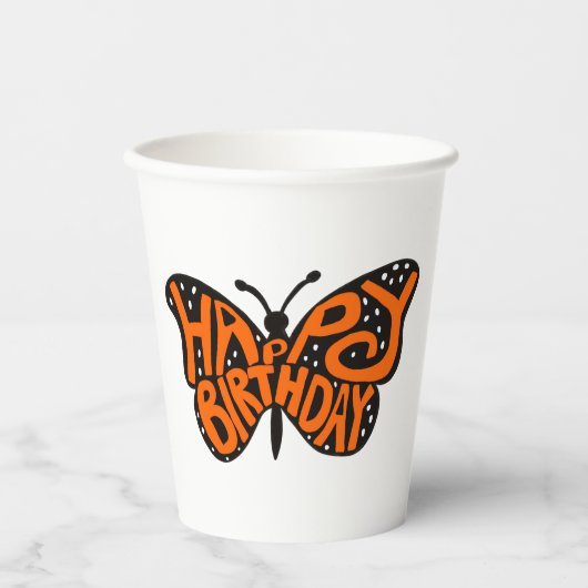Zwarte en Oranje Monarch Boterfly Happy Birthday Papieren Bekers (Voorkant)