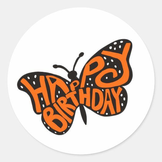 Zwarte en Oranje Monarch Boterfly Happy Birthday Ronde Sticker (Voorkant)