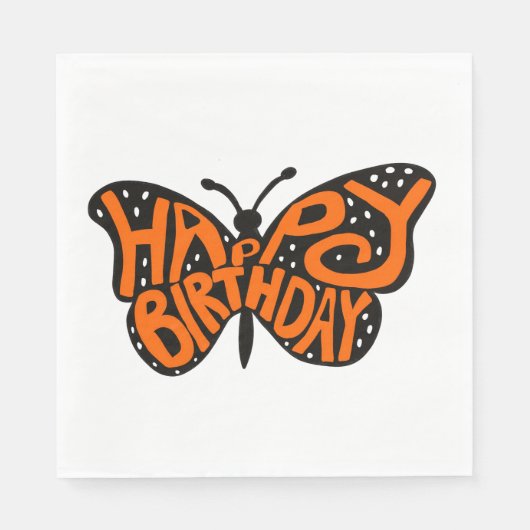 Zwarte en Oranje Monarch Boterfly Happy Birthday Servet (Voorkant)