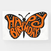 Zwarte en Oranje Monarch Boterfly Happy Birthday Spandoek (Horizontaal)