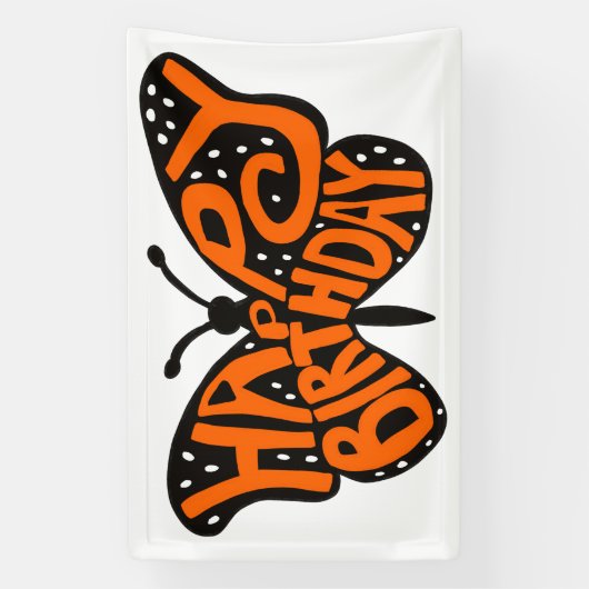 Zwarte en Oranje Monarch Boterfly Happy Birthday Spandoek (Verticaal)