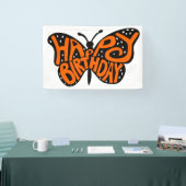 Zwarte en Oranje Monarch Boterfly Happy Birthday Spandoek (Beurs)