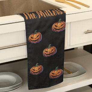 Zwarte en Oranje pompoen Halloween gepersonaliseer Theedoek