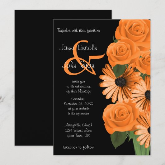 Zwarte en oranje rozen en margrieten kaart (Voorkant / Achterkant)