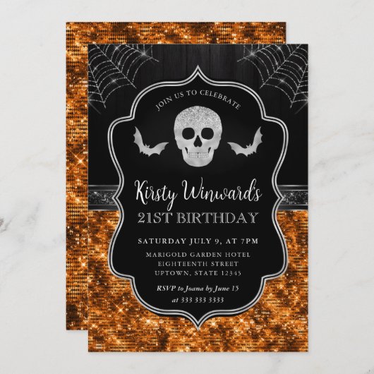 Zwarte en Oranje schedel en spinnenwebben 21e verj Kaart (Voorkant / Achterkant)