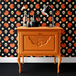 Zwarte en oranje schedel pompoen bloemen Halloween Behang