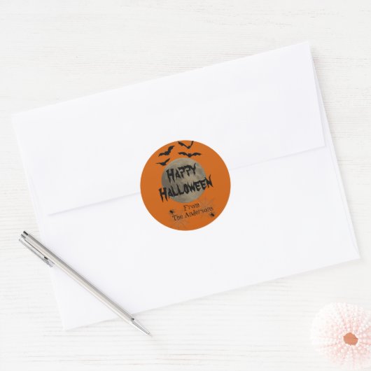 Zwarte en Oranje Spooky Bats Happy Halloween Ronde Sticker (Envelop)
