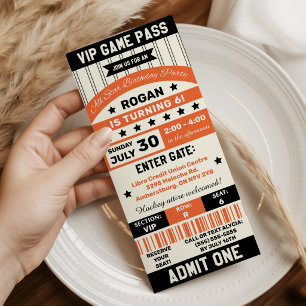 Zwarte en oranje sportteam ticket verjaardagsfeest kaart