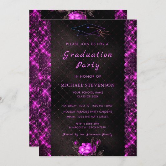 Zwarte en Paarse Afstuderen Uitnodiging Sjabloon (Voorkant / Achterkant)