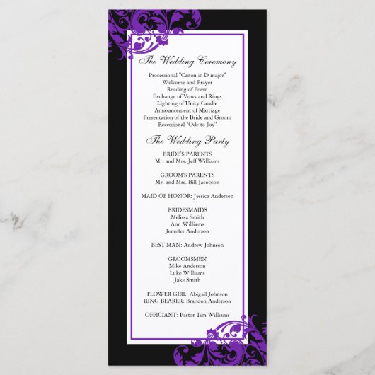 Zwarte en Paarse bloeiende wervelingen bruiloft pr Programmakaart (Achterkant)