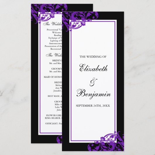 Zwarte en Paarse bloeiende wervelingen bruiloft pr Programmakaart (Voorkant / Achterkant)