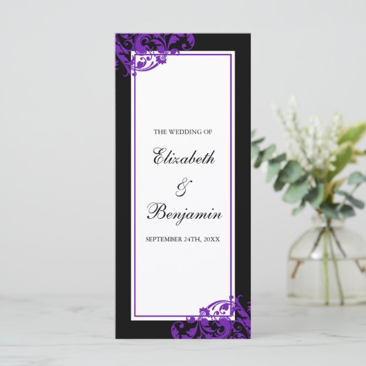 Zwarte en Paarse bloeiende wervelingen bruiloft pr Programmakaart (Staand voorkant)