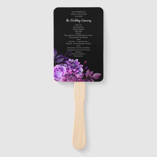 Zwarte en paarse bloemen. Bloemig huwelijksprogram Handwaaier (Voorkant)