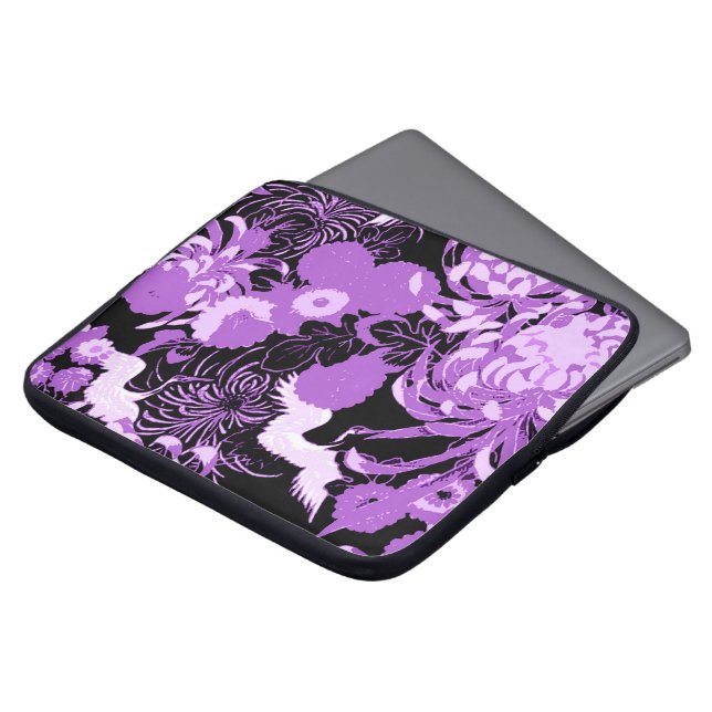  zwarte en paarse bloemen en vogels laptop sleeve (Voorkant top)