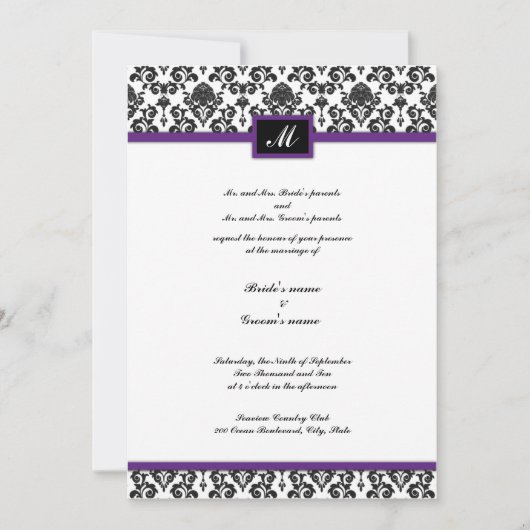 Zwarte en Paarse Damask Monogram Wedding Invite Kaart (Voorkant)