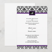 Zwarte en Paarse Damask Monogram Wedding Invite Kaart (Voorkant / Achterkant)