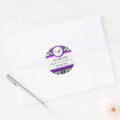 Zwarte en Paarse Damask Monogram Wedding Sticker (Envelop)