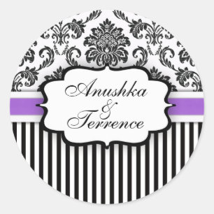 Zwarte en Paarse Damask Stripe Wedding Sticker