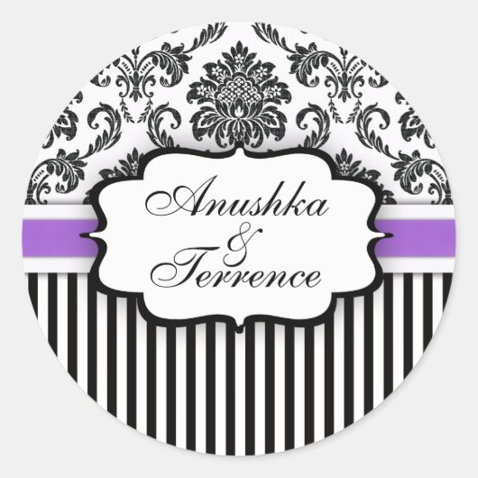 Zwarte en Paarse Damask Stripe Wedding Sticker (Voorkant)