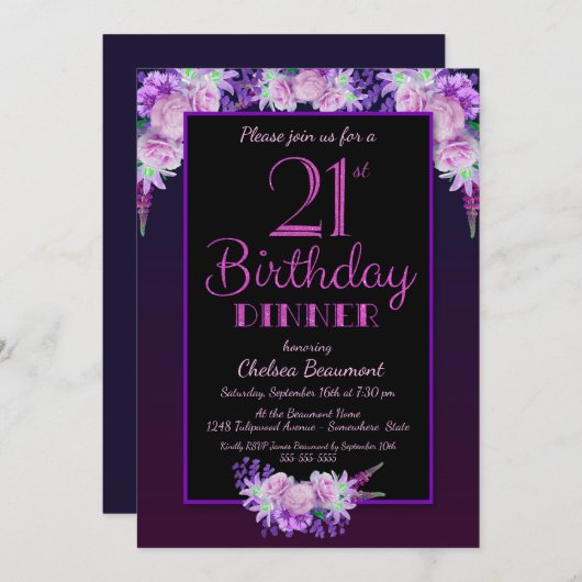 Zwarte en Paarse Floral 21e verjaardag Dinner Part Kaart (Voorkant / Achterkant)