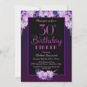 Zwarte en Paarse Floral 30th Birthday Dinner Party Kaart