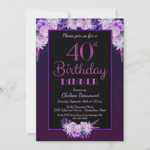 Zwarte en Paarse Floral 40th Birthday Dinner Party Kaart