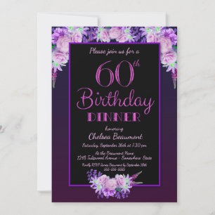Zwarte en Paarse Floral 60th Birthday Dinner Party Kaart