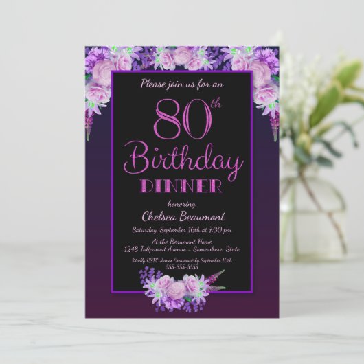 Zwarte en Paarse Floral 80th Birthday Dinner Party Kaart (Staand voorkant)