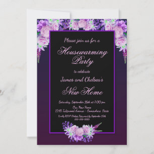 Zwarte en Paarse Floral Housewarming Party Kaart