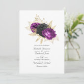 Zwarte en Paarse  Floral QR Code Weddenschap Kaart (Staand voorkant)