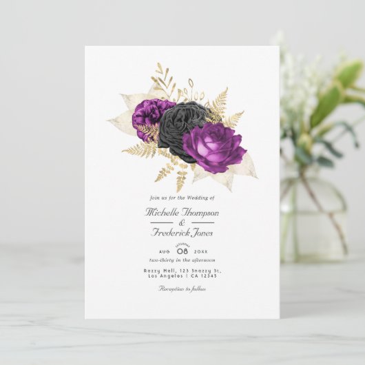 Zwarte en Paarse Floral QR Code Weddenschap Kaart (Staand voorkant)